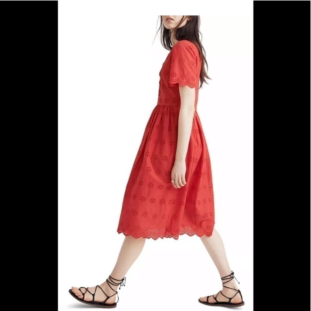 MADEWELL Scalloped Eyelet Midi Dress Short Sleeve Prairie Red Cotton - Picture 8 of 9